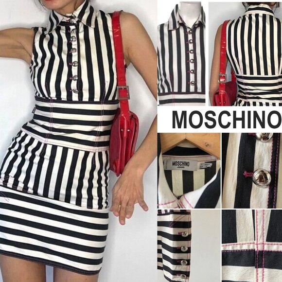MOSCHINO JEANS BLACK WHITE STRIPED PINK STITCH BUTTON VINTAGE 1990S DRESS USA 8 - Picture 16 of 16